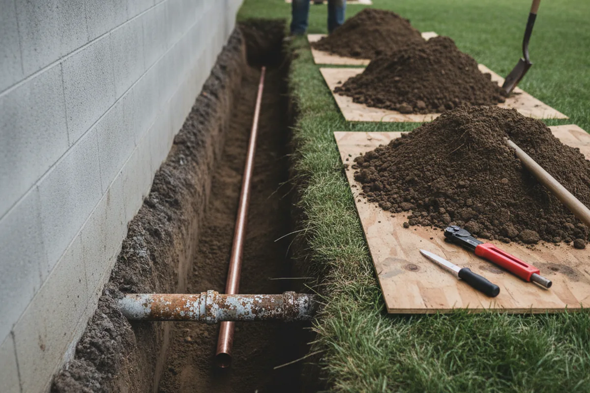 Excavated water line trench during Sewer Line Repair in Butterfield